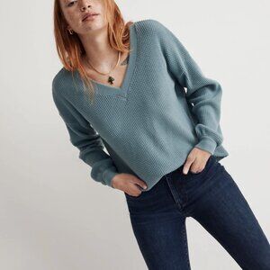 MADEWELL Waffle Knit V-Neck Long-Sleeve Sweater - Steely Ocean ( Blue) - Size: M